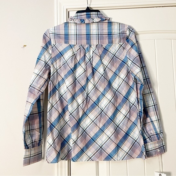 NWT Untuckit Cotton Ruffle-Collar Margot Shirt Blue Multi Plaid - Picture 5 of 10